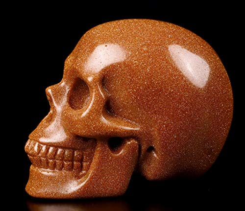 Skullis 2.0" Gold Sand Stone Crystal Skull, Hand Carved Gemstone Fine Art Sculpture, Reiki Healing Stone Statue.