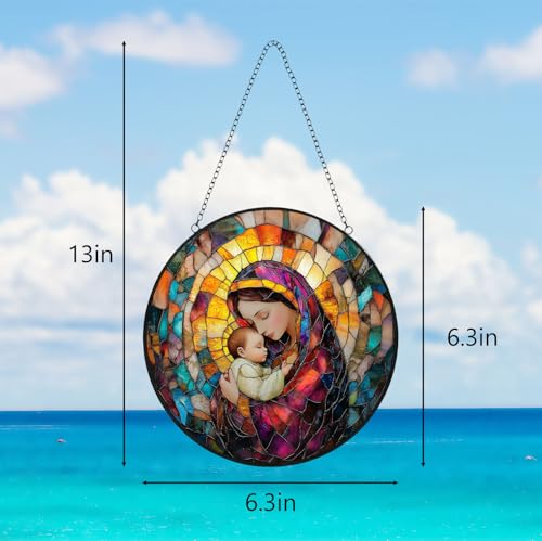 Madonna Child Stained Glass Hanging, Christian Suncatcher Decor Virgin Mary and Baby Jesus