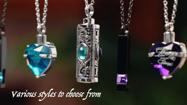 MTLEE 3 Pieces Cremation Urn Necklace for Ashes Vertical Bar Zircon, Heart Crystal Necklace Urn Stainless Steel Waterproof Memorial Pendant Green Zircon