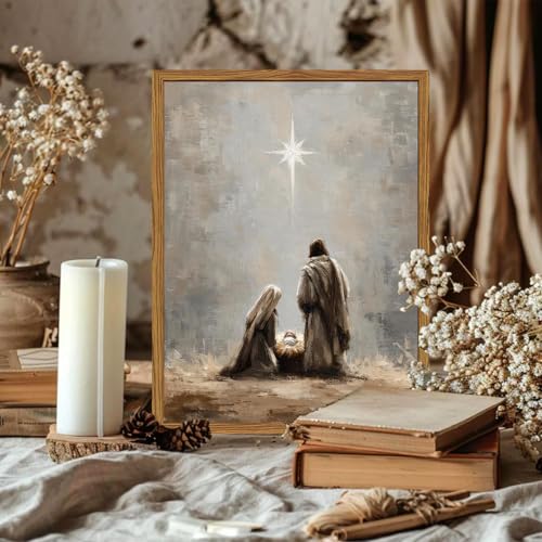 Framed Jesus Wall Art, Christian Nativity Scene Wall Decor Paintings, Star of Bethlehem Pictures Canvas Prints Religious Home Decor for Living Room Bedroom Church Prayer 16x24 inch 24"L x 16"W