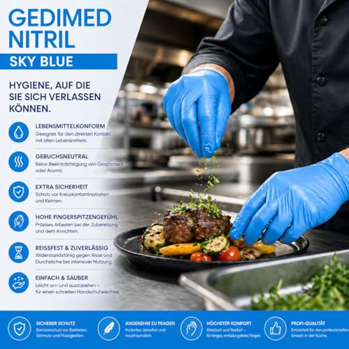 Gedikum Nitrile Disposable Gloves, Powder-Free, Latex-Free, Pack of 100/Box, Blue Nitrile Gloves, Available in Sizes XS, S, M, L, XL & XXL (L)