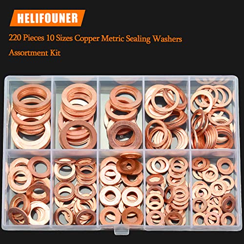HELIFOUNER copper metric flat sealing washers assortment kit in 10 sizes, M5 to M16, 220 pieces