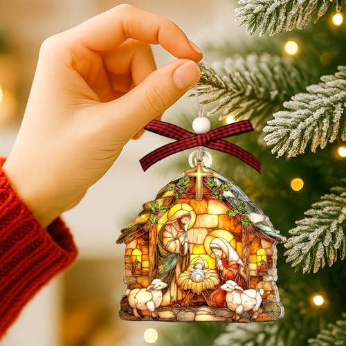 Nativity Ornaments - Religious Christmas Ornaments - Nativity Scene Ornament for Christmas Tree - Christian Gifts for Women, Baby Jesus - Hanging Faux Faux Stained Glass 2025 Nativity Ornament 2025