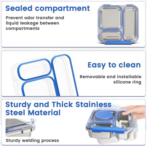 Stainless Steel Bento Box Kids Adult with 7oz Soup Thermo, Transparent Lid 3 Compartments Metal Bento Lunch Box with Insulated Food Jar,Lunch Box Container Sauce Cup for School,BPA-Free(Blue) Blue