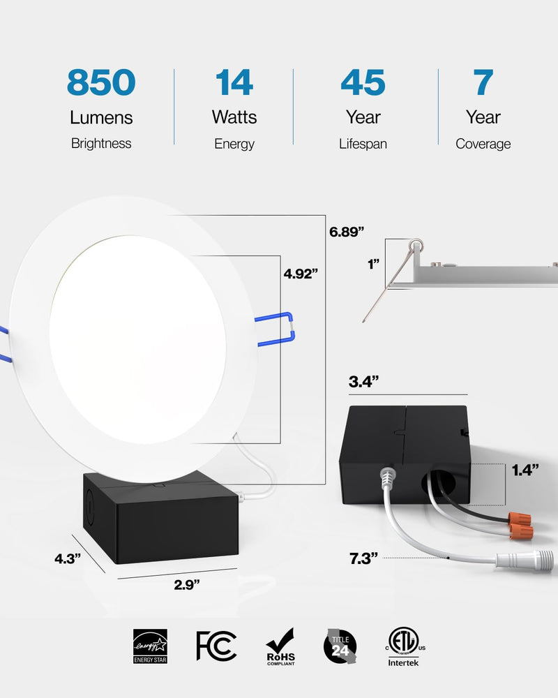 [Australia - AusPower] - Sunco Lighting 2 Pack 6 Inch Ultra Thin LED Recessed Ceiling Lights, 5000K Daylight, Dimmable, 14W, Wafer Thin, Canless with Junction Box 