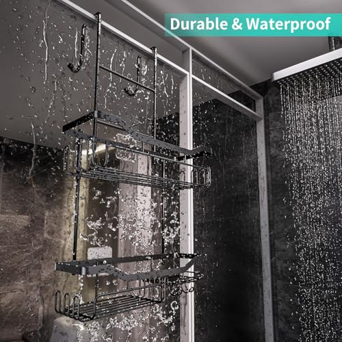 HapiRm Hanging Shower Caddy Over the Door with Soap Holder, No Drilling Adhesive Shower Organizer with 11 Hooks, Rustproof & Waterproof 304 Stainless Steel Bathroom Shelves - Black A-Black 2-tier