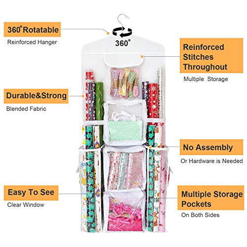 SumDirect double-sided white gift wrap organizer with hanging pockets for storing wrapping paper and gift bags.