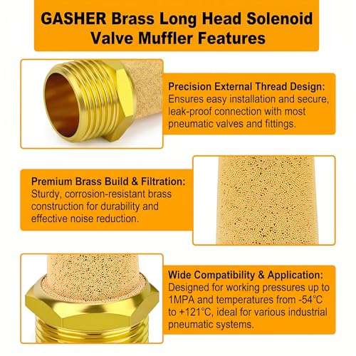 GASHER 1PCS Brass Long Head Solenoid Valve Muffler, 1-1/4BSP Thread Pneumatic Exhaust Silencer, Noise Reducer for Solenoid Valves, Industrial Automation Pneumatic System Components