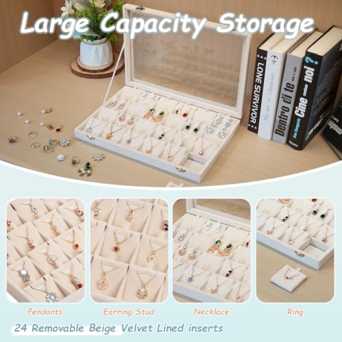 Jewelry Box Necklace Organizer Tray (Beige) Necklace Display Case for Storage Jewelry Necklaces Display Stand 24 Slot Pendant Holder for Women Necklace display Case with Glass Lid 24 Slot Beige