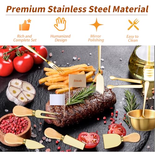 48 Pcs Charcuterie Boards Accessories Butter Spreader Knives Set Stainless Steel Cheese Mini Serving Tongs Spoons Forks Dipping Bowls Toothpick Flags Utensils for Pastry Making Wedding Christmas(Gold) Gold 48Pcs