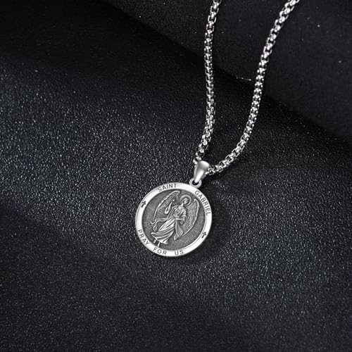 VONALA Saint Necklace 925 Sterling Silver Patron Saint Medal Pendant Amulet Protection Religious Jewellery for Men Women with 2.5mm 22"+2" Steel Chain (with Gift Box) Saint Gabriel（Round）
