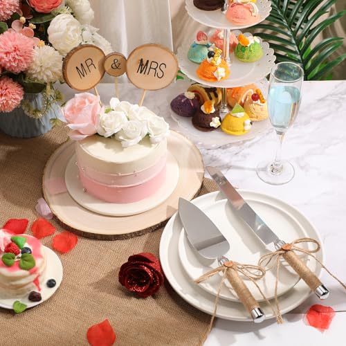 Beeveer 6 Pcs Cake Topper Knife Server Wooden Slice Set Rustic Wedding Decorations Mr and Mrs Cake Topper Table Decor for Bride Groom Valentines Day Glasses Anniversaries Centerpieces
