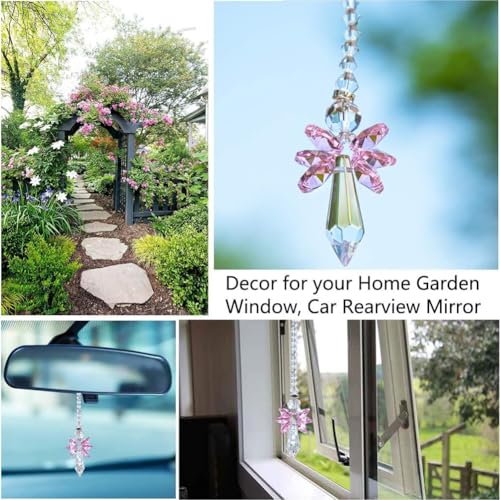 Rainbow Guardian Angel Crystal Suncatcher Hanging Ornament Pink Glass Prism Rainbow Maker for Home Window Car Porch Decoration Spiritual Sun Catcher Gift for Mom Women Friends Plum