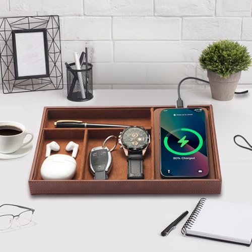 Brown TopMade valet tray with wireless charging and jewelry storage, serving as an all-in-one nightstand organizer for men.