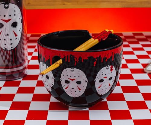 Friday The 13th Jason Voorhees Mask Ceramic Ramen Dinnerware Set | Includes 20-Ounce Noodle Bowl and Wooden Chopsticks