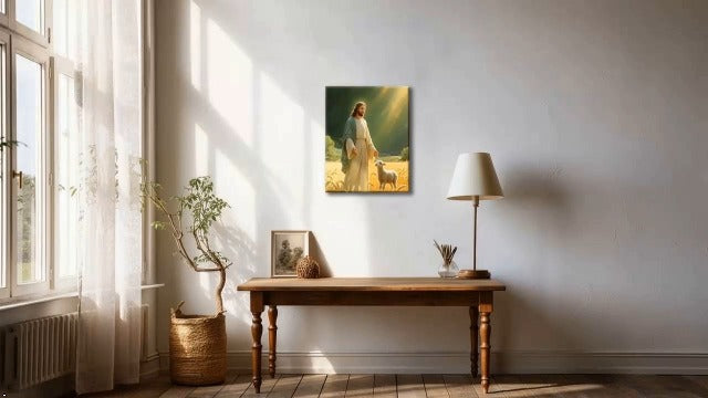 Jesus and Lamb Canvas Wall Art Christian Religious Painting Print 12x16 in Green 12"L x 16"W