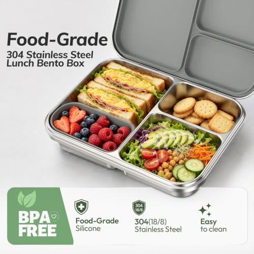 Stainless Steel Bento Lunch Box for Kids and Adults,3 Compartment Meal Lunch Box with Detachable Silicone Lid,Leak-Resistant Food Container with Snack Cup for School,BPA-Free(Grey) Gray