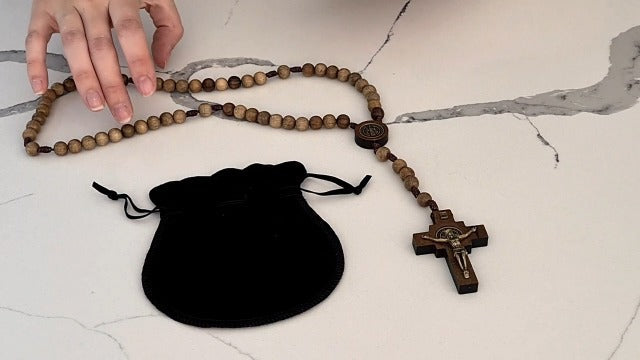 Alexander Castle Our Father Solid Wooden Rosary Beads (Handmade - Brazilian Walnut) with St Benedict Junction - Comes in Velour Gift Pouch