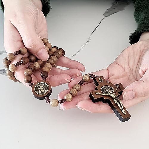 Alexander Castle Our Father Solid Wooden Rosary Beads (Handmade - Brazilian Walnut) with St Benedict Junction - Comes in Velour Gift Pouch