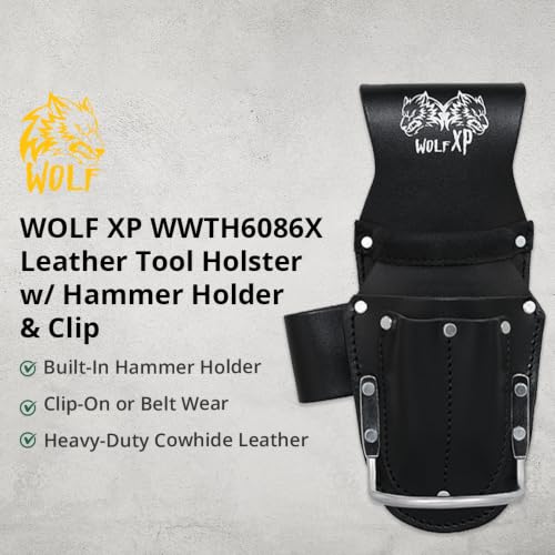 WOLF XP WWTH6086X genuine leather tool holster with plier pocket, hammer holder, clip, and 3-inch belt fit