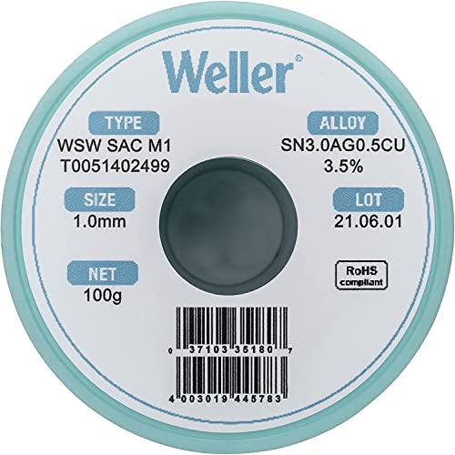 Weller WSW SAC M1 (T0051402499) Lead-Free Solder Wire, Diameter 1.0 mm, Alloy Sn96.5Ag3Cu0.5, Flux Content 3.5%, 100 g 1,0mm, 100g