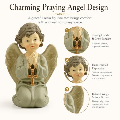 Praying Angel Figurine, Spiritual Gift with Cross, Christian Keepsake Kneeling Praying Angel with Cross