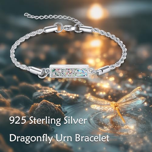 POPLYKE Dragonfly/Cross/Celtic/Hummingbird/Sunflower Bee/Sunflower/Lotus/Mountain/Tree of life Urn Bracelet for Ashes 925 Sterling Silver Abalone Shell Cremation Jewellery For Women 2 Dragonflys
