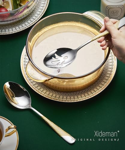 Premium Xideman 7-piece hammered stainless steel serving utensil set with gold and silver finishes, includes various serving tools.