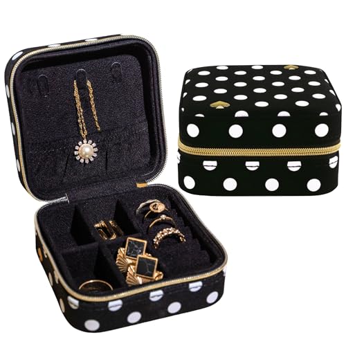 Kate Spade New York polka dot travel jewelry case with compartments for organizing necklaces, rings, and earrings.