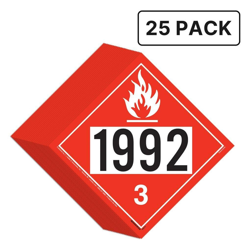 J. J. Keller & Associates, Inc. 1992 Hazmat Placard, Class 3 Flammable Liquid, UN 1992 DOT Compliant, Hazardous Materials Shipping Label, Vinyl Removable Adhesive, 10.75" x 10.75", 25 Pack