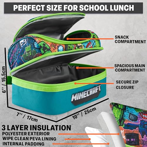 Get Trend Minecraft Kids Lunch Box 3 Pc Set with Insulated Lunch Bag, Bento Box with Two Mini Pots & 20 fl oz Water Bottle with Straw for School, Picnic, Creeper Gamer Gifts for Boys (Multi Minecraft) Multi Minecraft
