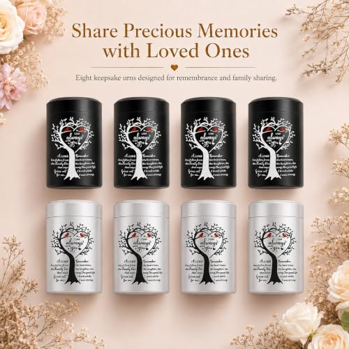 8-Piece Small Urns for Human Ashes, 2.7 Inch Mini Keepsake Urns for Human Ashes Set, Aluminum Cremation Urns with Two Cardinals, Memorial Ashes Holders for Sharing, Funeral Gift Set of 8 - Cardinal Heart