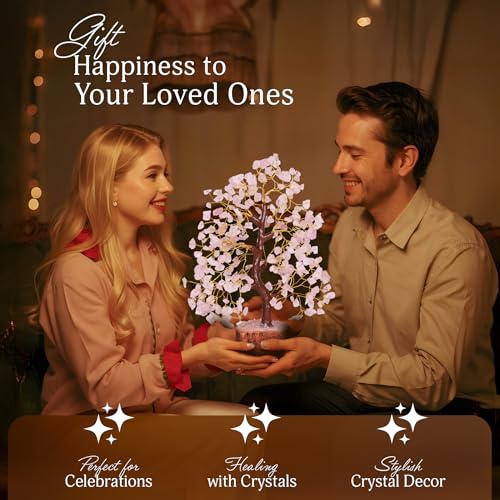 YATSKIA Rose Quartz Tree | Crystal Tree Gifts for Women | Gemstone Decor | Crystals and Gemstones | Pink Home Decor | Birthday Gifts for Women | 10 Inch 300 Beads 10in Rose Quartz Golden Wire