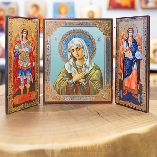 BlessedMart Orthodox Triptych Icon – Folding Wooden Byzantine Icon – Christian Religious Home Decor & Gift (Theotokos Extreme Humility) Theotokos Extreme Humility
