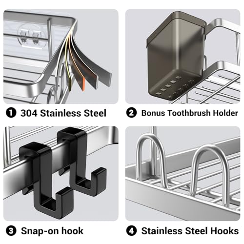 AKTECKE Corner Shower Caddy Shelf Rack: 2 Pack Adhesive Shower Organizer Essentials - No Drilling Stainless Steel Bathroom Storage Rack with Hooks and Toothpaste Holder bright silver 9.6"×9.6"×2.6"