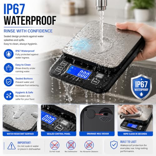 Waterproof Digital Kitchen Scale 0.1g Precision, Stainless Steel Electronic Scale with 3 Power Options (Rechargeable/AAA/Built-in), 10 Units Conversion, Smart Standby, 10kg Capacity 0.1g/10kg Black