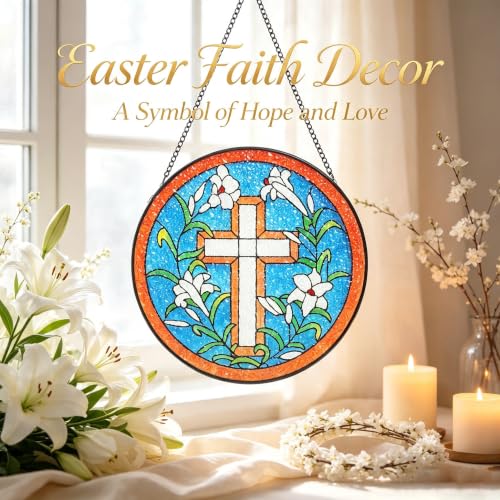KOMI 7.8 Inch Cross Stained Glass Window Hanging Sun Catcher Garden Decor Christian Gifts for Women Mom Wife