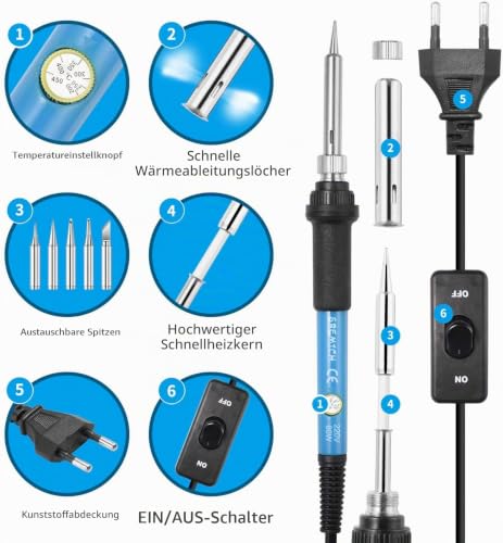 Soldering Iron, 60 W/220 V Soldering Iron Set with Adjustable Temperature Knob 200-450 °C and On/Off Switch, 100 g Solder, 5 Soldering Tips, Desoldering Pump, Soldering Stand with Sponge, PU Bag for Repairs Blue
