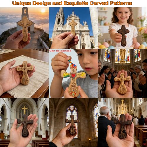 Goodangie00 Handcrafted Solid Wood Hand Held Pocket Stress Fidget Cross, Mini Double-sided Carved Bunny Egg Crucifix for Kids Adult Easter Gift, Christian Faith Prayer Easter Gift Idea Easter-Brown