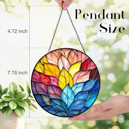 Stained Glass Lotus Suncatcher - 7.9" Real Glass Rainbow Leaf Window Hanging, Weatherproof Boho Zen Decor, Chakra Healing Yoga Meditation Gift for Mom Women Spiritual Friends Ivory