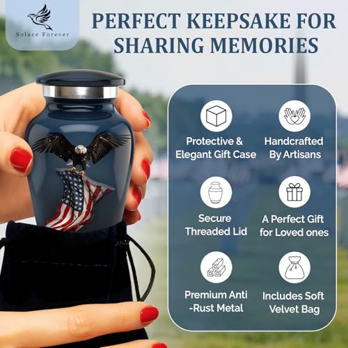 Solace Forever Small Urns for Human Ashes - Patriotic Eagle with US Flag Design - Mini Urn Keepsake Memorial for Men and Women - Handcrafted Remembrance Urn for Ashes (Black, Set of 1) Black