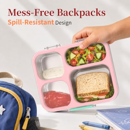 Stainless Steel Lunch Box for Kids, Leakproof 4 Compartment Kids Bento Lunch Box with Clear Lid, BPA-Free Steel Lunch Box Containers for School Travel (Pink) Pink