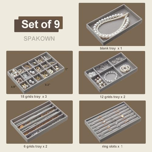 SPAKOWN Jewelry Drawer Organizer Inserts Trays for Drawers Set of 9, Grey