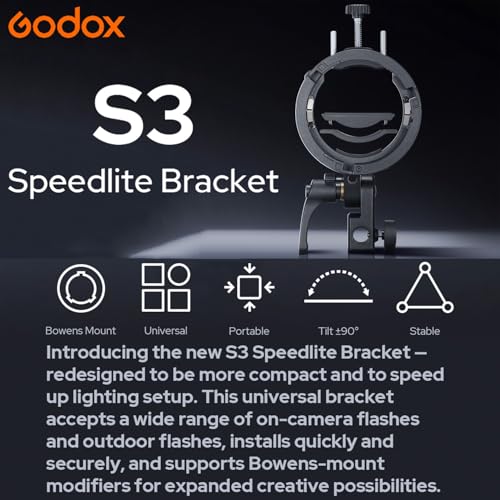 GODOX S3 Speedlite Bowens Mount Flash Holder Bracket for Godox V1 V100 V1Pro V860III TT350 AD100 AD200 AD300 Speedlite Strobe Flashes,S-Type Holder,Precise Tilt Control,S2 Bracket Updated Version