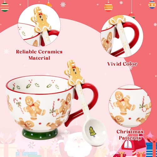 Christmas Ceramic Coffee Mug - 15 OZ Merry Christmas Gingerbread Man Coffee Cup with Spoon, Xmas Themed Tea Milk Drinking Mugs, Winter Holiday Cups Funny Gift for Women Men Children Kids Family