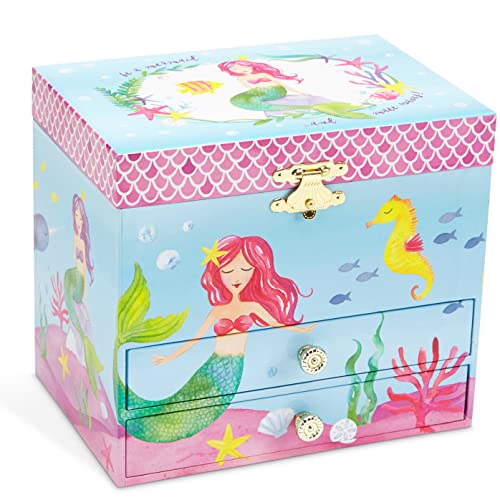 Jewelkeeper Mermaid Design Musical Jewelry Box with 2 Pullout Drawers - Contains Little Girls Jewelry Set of 3 - Birthday Present - Music Storage for Little Princess Mermaid with Accessory