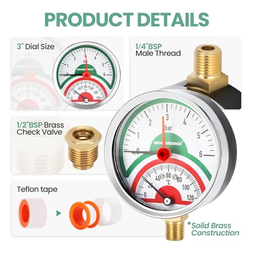 Thermal Pressure Gauge, 3 Inch Dial, 0-6 Bar/120°C, Black Steel Case, G1/2 Lower Connection