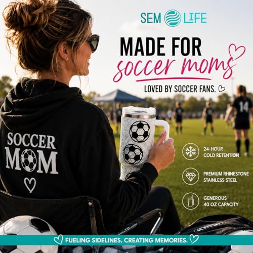 Soccer 40 Oz Rhinestone Bling Tumbler Cup with Handle and Straw