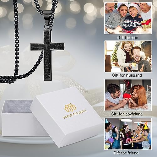 MERTTURM Stainless Steel Cross Necklace for Men, Cross Pendant Necklace with Chain 60cm, Silver/Gold/Black Necklace, Gift for Birthday/Christmas/Easter/Thanksgiving Day(lightfast & sweatproof) Black