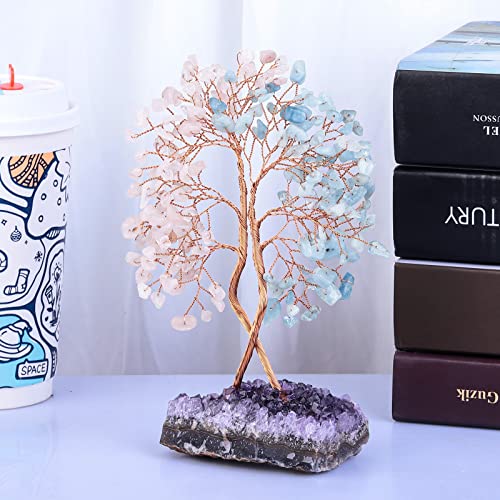 KYEYGWO 6" Aquamarine & Rose Quartz Crystal Money Tree for Wealth Good Luck Pink & Blue